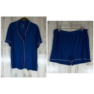 Cariloha Bamboo Sleepwear Pajama Set Large Button Up Top Shorts Blue 2 Piece